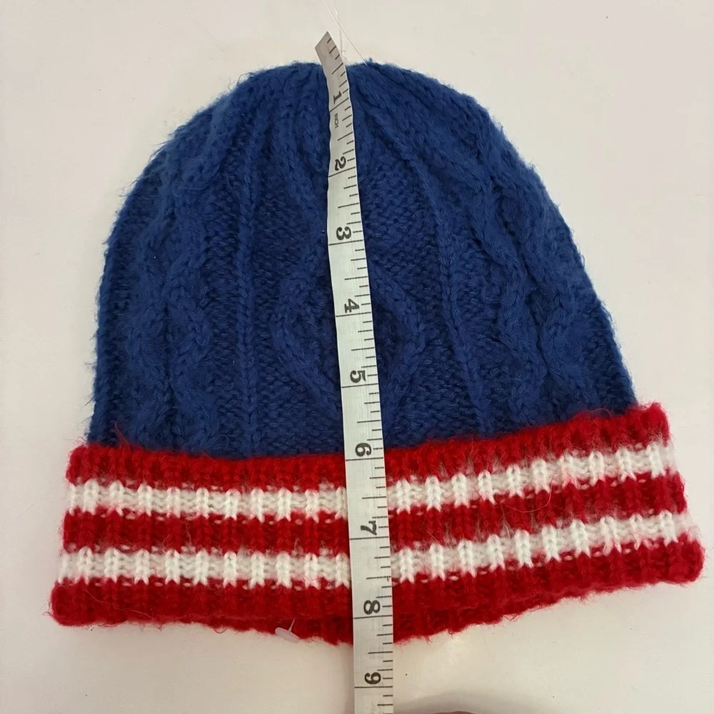 Boden Kids Blue with Red Stripes Folded Cuff Cable Knit Hat Beanie Size Small